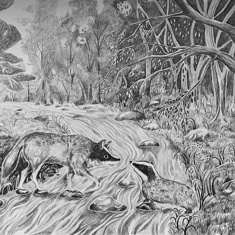 A pencil drawing of a woodland scene with a river in the center, there are stepping  stones across the river and a wolf is looking at a badger